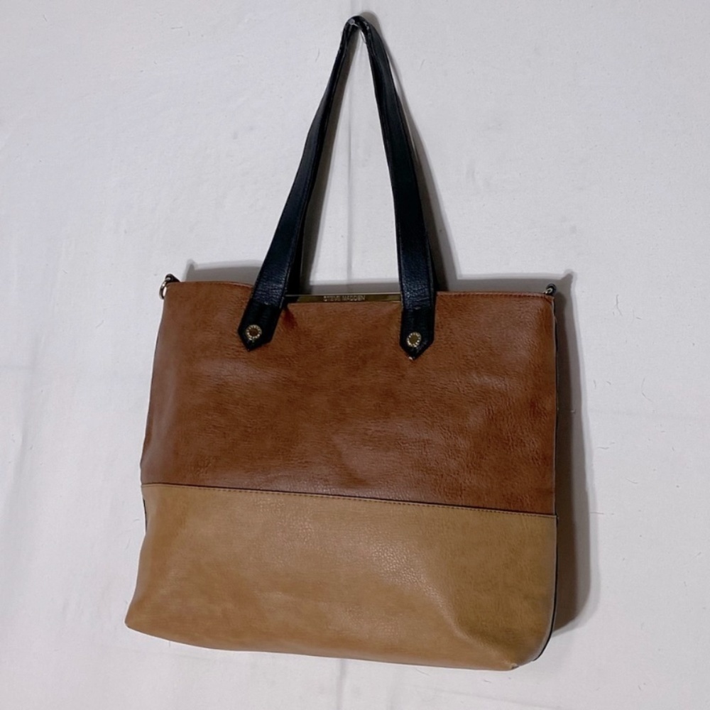 SOLD-Steve Madden Two Tone Brown Tan Leather Tote Bag Shoulder Bag